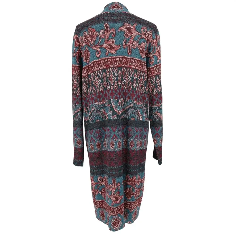 Chicos Sweater 2 Womens Large Green Burgundy Floral Long Cardigan Duster Open